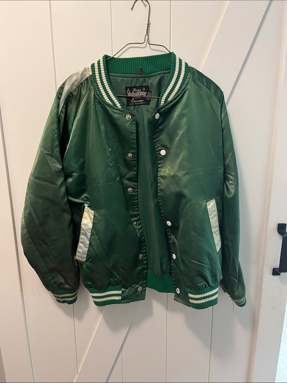 Vintage Green Satin Kids Bomber Jacket with Contrast Trim